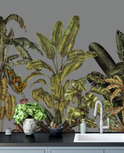 grønt tilpasset jungel veggmaleri kalt Jungle Canopy Green av Karina Eibatova for soverom og stuer