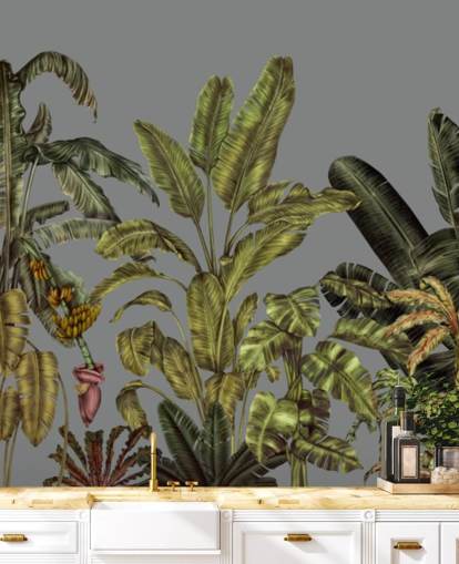 murale verde personalizzato con giungla chiamato Jungle Canopy Green di Karina Eibatova per camere da letto e salotti