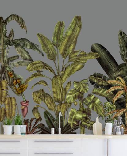 mural de parede verde personalizado chamado Jungle Canopy Green de Karina Eibatova para quartos e salas de estar