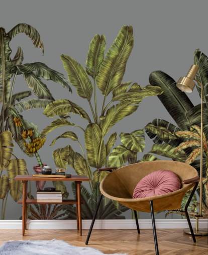 fresque murale verte personnalisée de la jungle appelée Jungle Canopy Green par Karina Eibatova pour les chambres et les salons