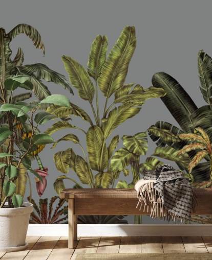 murale verde personalizzato con giungla chiamato Jungle Canopy Green di Karina Eibatova per camere da letto e salotti murale verde personalizzato con giungla chiamato Jungle Canopy Green di Karina Eibatova per camere da letto e salotti