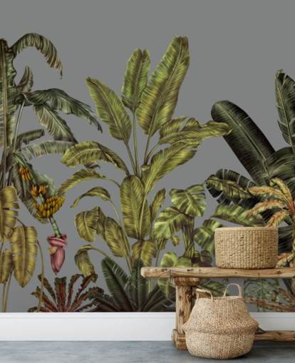 grön anpassad djungel väggmålning som heter Jungle Canopy Green av Karina Eibatova för sovrum och vardagsrum