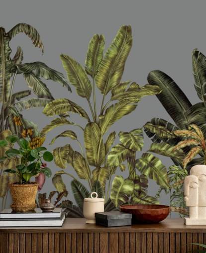 grön anpassad djungel väggmålning som heter Jungle Canopy Green av Karina Eibatova för sovrum och vardagsrum