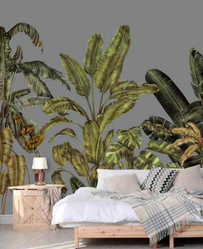 mural de pared verde personalizado de la jungla llamado Jungle Canopy Green de Karina Eibatova para dormitorios y salas de estar