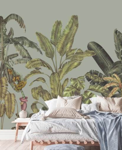 mural de pared verde personalizable de la jungla llamado Jungle Canopy Mint de Karina Eibatova