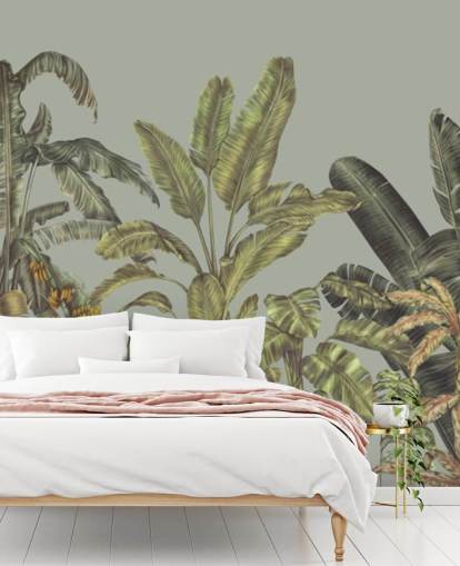 murale verde personalizzabile con giungla chiamato Jungle Canopy Mint di Karina Eibatova murale verde personalizzabile con giungla chiamato Jungle Canopy Mint di Karina Eibatova