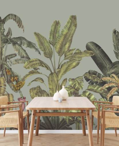 grön anpassningsbar djungel väggmålning som heter Jungle Canopy Mint av Karina Eibatova