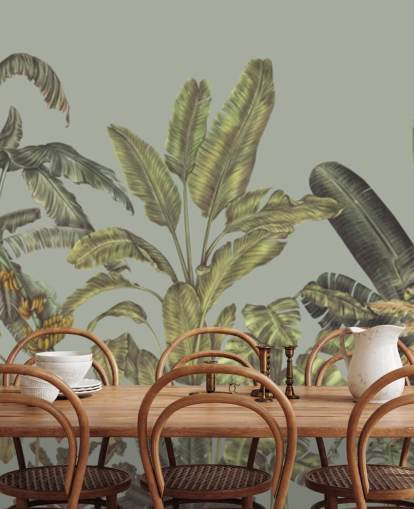 groene aanpasbare jungle muurschildering genaamd Jungle Canopy Mint van Karina Eibatova