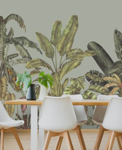 groene aanpasbare jungle muurschildering genaamd Jungle Canopy Mint van Karina Eibatova