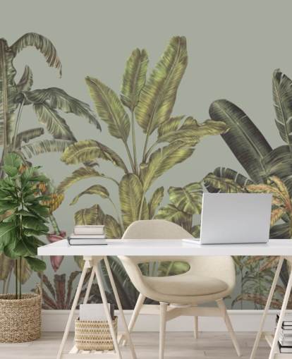 grön anpassningsbar djungel väggmålning som heter Jungle Canopy Mint av Karina Eibatova