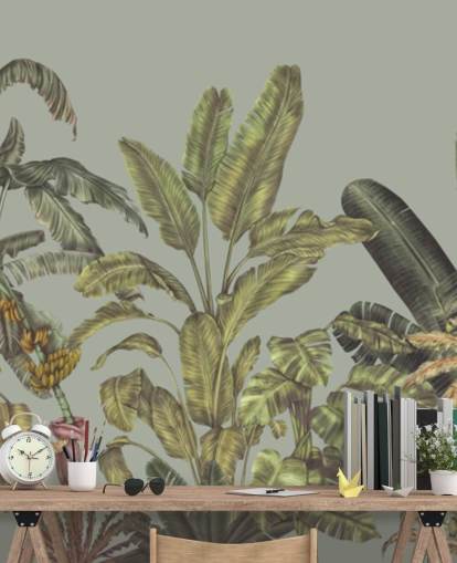 groene aanpasbare jungle muurschildering genaamd Jungle Canopy Mint van Karina Eibatova groene aanpasbare jungle muurschildering genaamd Jungle Canopy Mint van Karina Eibatova