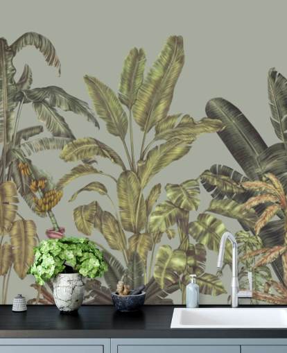 fresque murale verte personnalisable de la jungle appelée Jungle Canopy Mint par Karina Eibatova