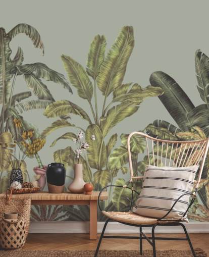 grünes, anpassbares Dschungel-Wandbild namens Jungle Canopy Mint von Karina Eibatova grünes, anpassbares Dschungel-Wandbild namens Jungle Canopy Mint von Karina Eibatova