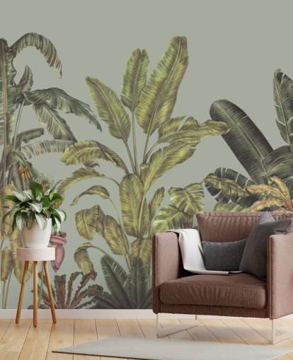 murale verde personalizzabile con giungla chiamato Jungle Canopy Mint di Karina Eibatova murale verde personalizzabile con giungla chiamato Jungle Canopy Mint di Karina Eibatova