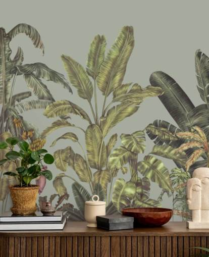 grünes, anpassbares Dschungel-Wandbild namens Jungle Canopy Mint von Karina Eibatova grünes, anpassbares Dschungel-Wandbild namens Jungle Canopy Mint von Karina Eibatova