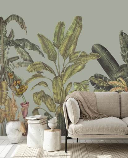 fresque murale verte personnalisable de la jungle appelée Jungle Canopy Mint par Karina Eibatova