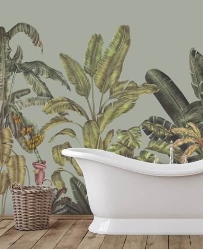 groene aanpasbare jungle muurschildering genaamd Jungle Canopy Mint van Karina Eibatova