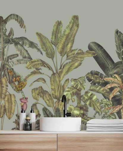 mural de pared verde personalizable de la jungla llamado Jungle Canopy Mint de Karina Eibatova