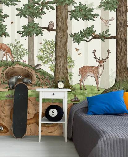 customisable kids wall mural called Animals in the Forest by Kikki Belle for children's bedrooms
