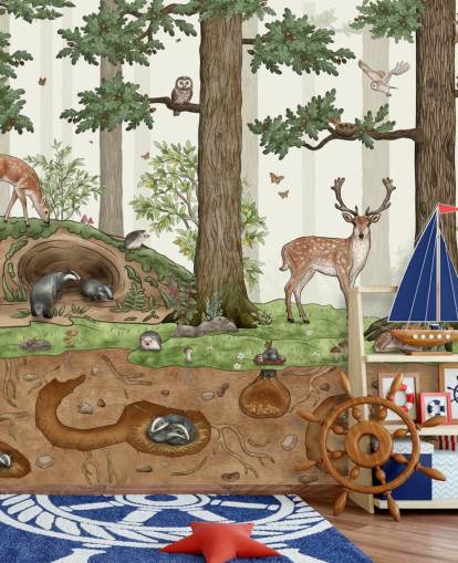 mural de pared infantil personalizable llamado Animals in the Forest de Kikki Belle para dormitorios infantiles
