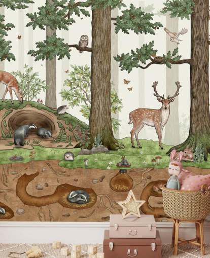mural de pared infantil personalizable llamado Animals in the Forest de Kikki Belle para dormitorios infantiles