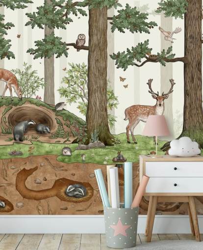 mural de parede infantil personalizável chamado Animals in the Forest de Kikki Belle para quartos infantis