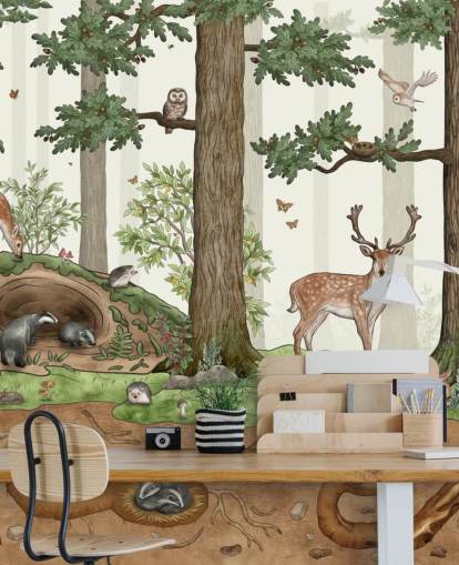 customizable kids wall mural called Animals in the Forest by Kikki Belle for children's bedrooms