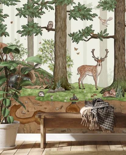 mural de pared infantil personalizable llamado Animals in the Forest de Kikki Belle para dormitorios infantiles