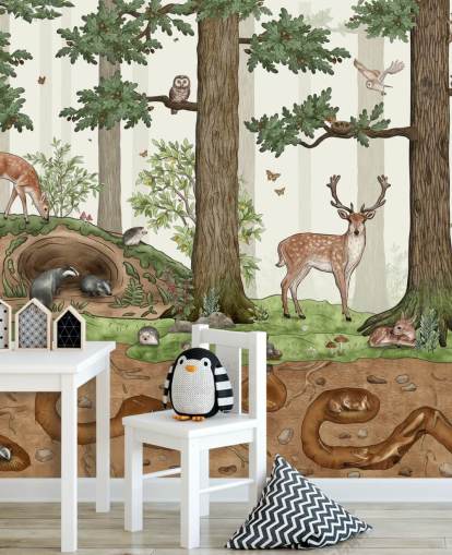 mural de pared infantil personalizable llamado Animals in the Forest de Kikki Belle para dormitorios infantiles