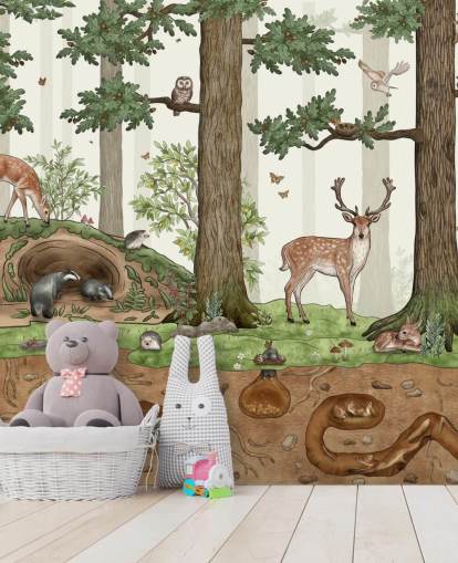 customisable kids wall mural called Animals in the Forest by Kikki Belle for children's bedrooms