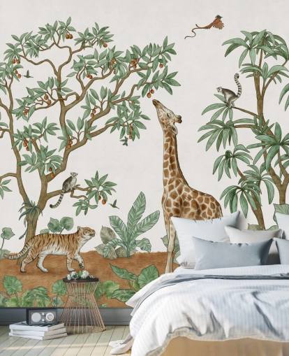 custom kids wall mural called Animals in the Jungle by Kikki Belle for bedrooms and nurseries