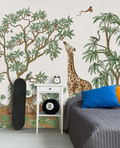 tilpasset veggmaleri for barn kalt Animals in the Jungle av Kikki Belle for soverom og barnehager tilpasset veggmaleri for barn kalt Animals in the Jungle av Kikki Belle for soverom og barnehager