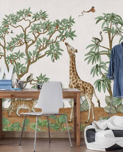 custom kids wall mural called Animals in the Jungle by Kikki Belle for bedrooms and nurseries