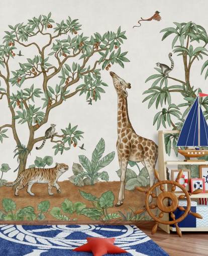 custom kids wall mural called Animals in the Jungle by Kikki Belle for bedrooms and nurseries