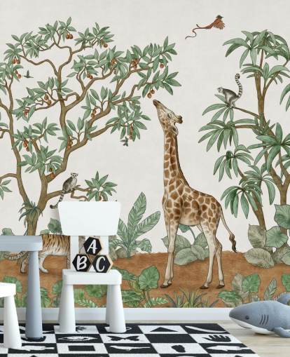 custom kids wall mural called Animals in the Jungle by Kikki Belle for bedrooms and nurseries