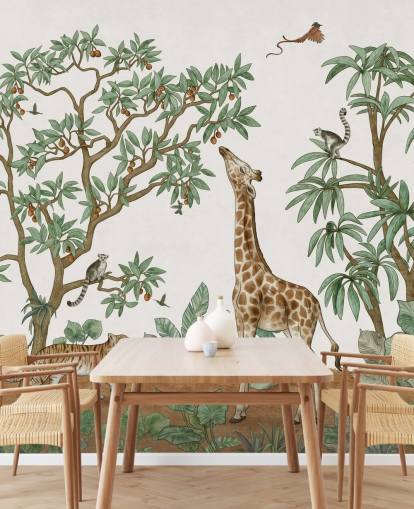 mural de pared infantil personalizado llamado Animals in the Jungle de Kikki Belle para dormitorios y guarderías