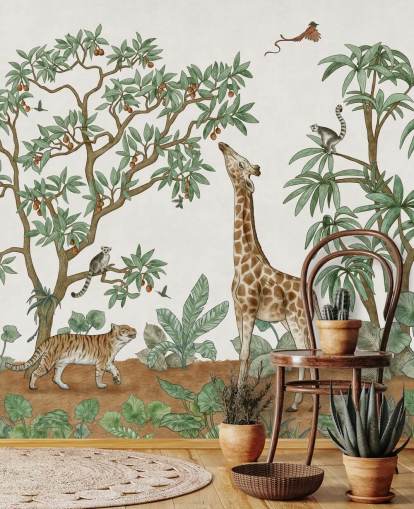 custom kids wall mural called Animals in the Jungle by Kikki Belle for bedrooms and nurseries