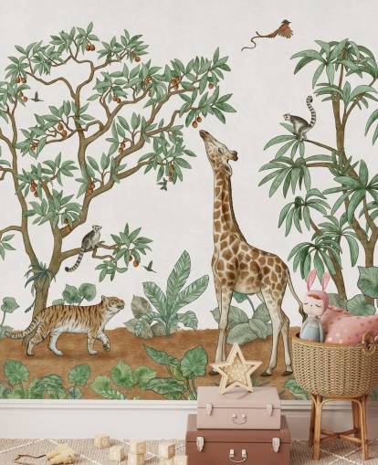 murale personalizzato per bambini chiamato Animals in the Jungle di Kikki Belle per camere da letto e asili nido