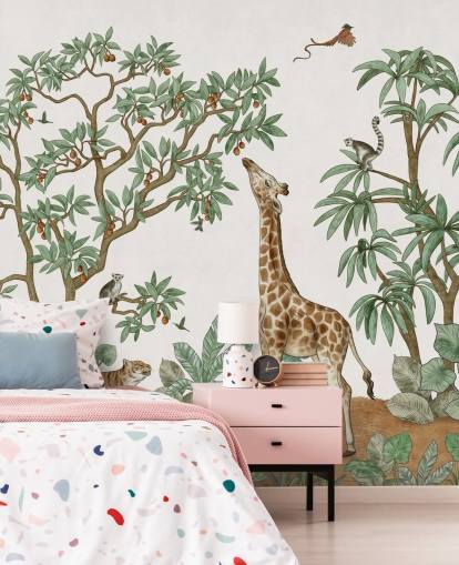 mural de pared infantil personalizado llamado Animals in the Jungle de Kikki Belle para dormitorios y guarderías