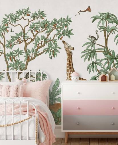 murale personalizzato per bambini chiamato Animals in the Jungle di Kikki Belle per camere da letto e asili nido