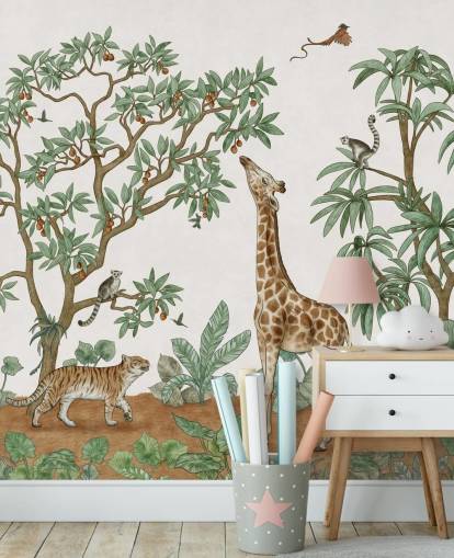 individuelles Wandbild für Kinder namens Animals in the Jungle von Kikki Belle für Schlafzimmer und Kinderzimmer individuelles Wandbild für Kinder namens Animals in the Jungle von Kikki Belle für Schlafzimmer und Kinderzimmer