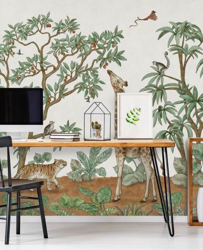 custom kids wall mural called Animals in the Jungle by Kikki Belle for bedrooms and nurseries