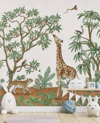 mural de pared infantil personalizado llamado Animals in the Jungle de Kikki Belle para dormitorios y guarderías