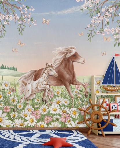 tilpassbar hesteveggmaleri kalt Happy Horses av Kikki Belle for barnas soverom