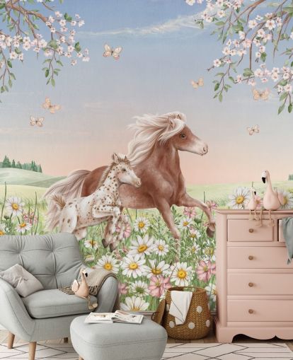 murale da parete personalizzabile con cavalli chiamato Happy Horses di Kikki Belle per camerette per bambini