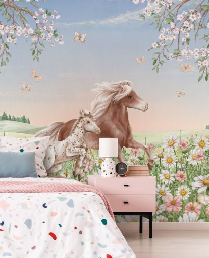murale da parete personalizzabile con cavalli chiamato Happy Horses di Kikki Belle per camerette per bambini