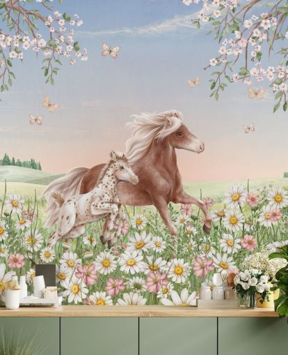 customisable horse wall mural called Happy Horses by Kikki Belle for children's bedrooms customisable horse wall mural called Happy Horses by Kikki Belle for children's bedrooms