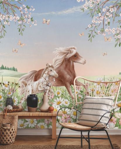 mural de parede de cavalos personalizável chamado Happy Horses de Kikki Belle para quartos infantis