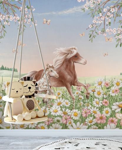 murale da parete personalizzabile con cavalli chiamato Happy Horses di Kikki Belle per camerette per bambini