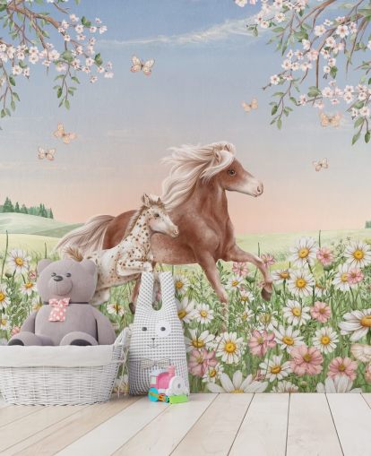 mural de parede de cavalos personalizável chamado Happy Horses de Kikki Belle para quartos infantis mural de parede de cavalos personalizável chamado Happy Horses de Kikki Belle para quartos infantis